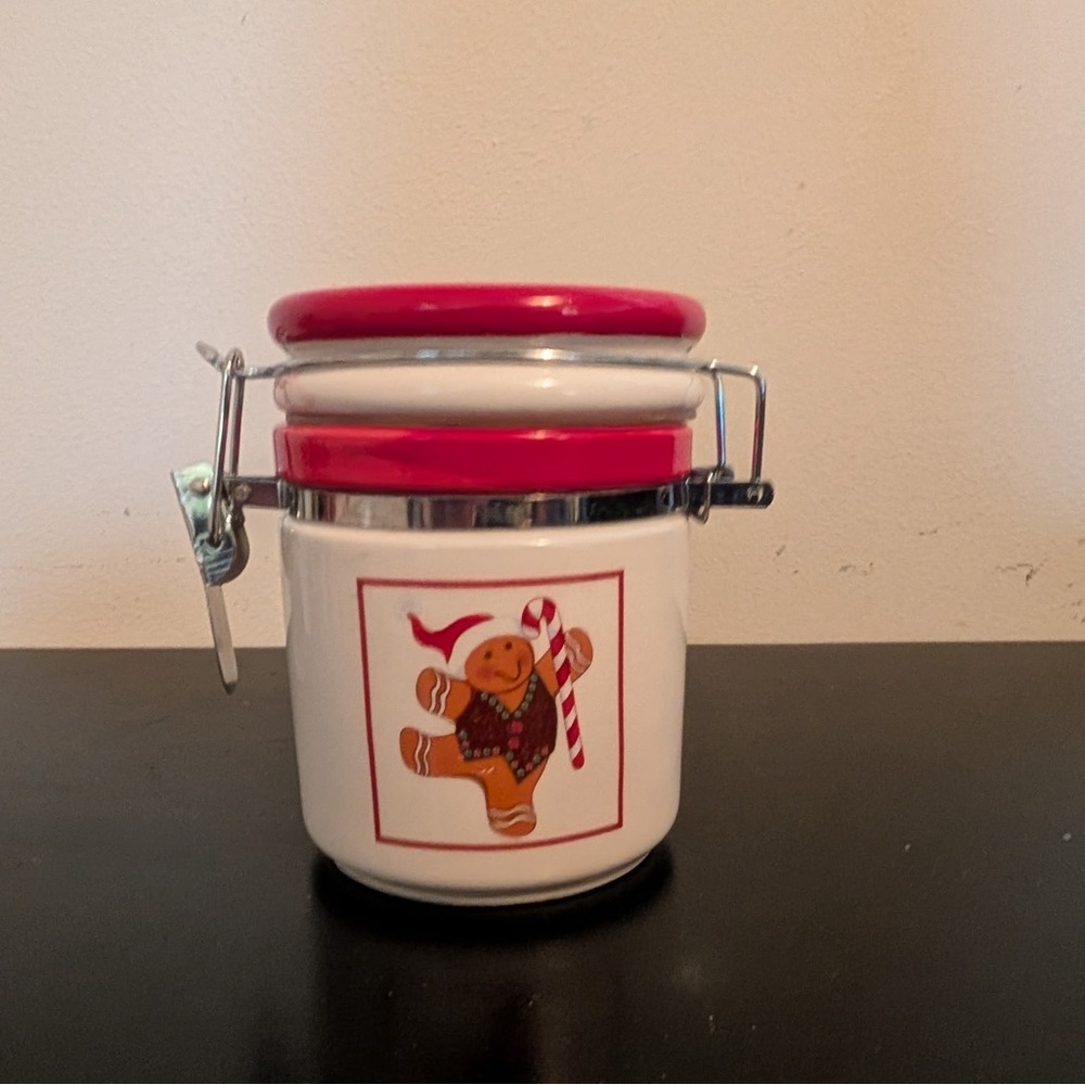 Festive Gingerbread Ceramic Jar with Red Lid